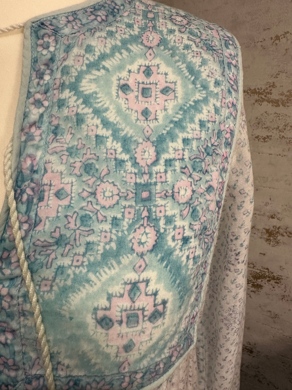 1970s PHOOL Pastel Indian Block Print Cotton Gauze Midi Dress