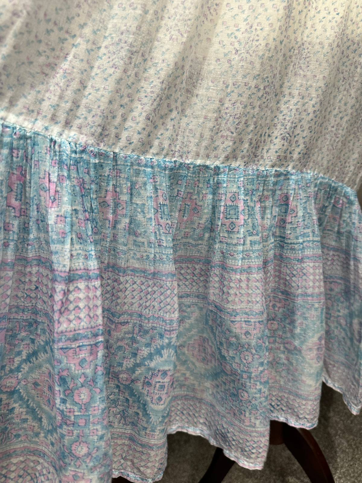 1970s PHOOL Pastel Indian Block Print Cotton Gauze Midi Dress