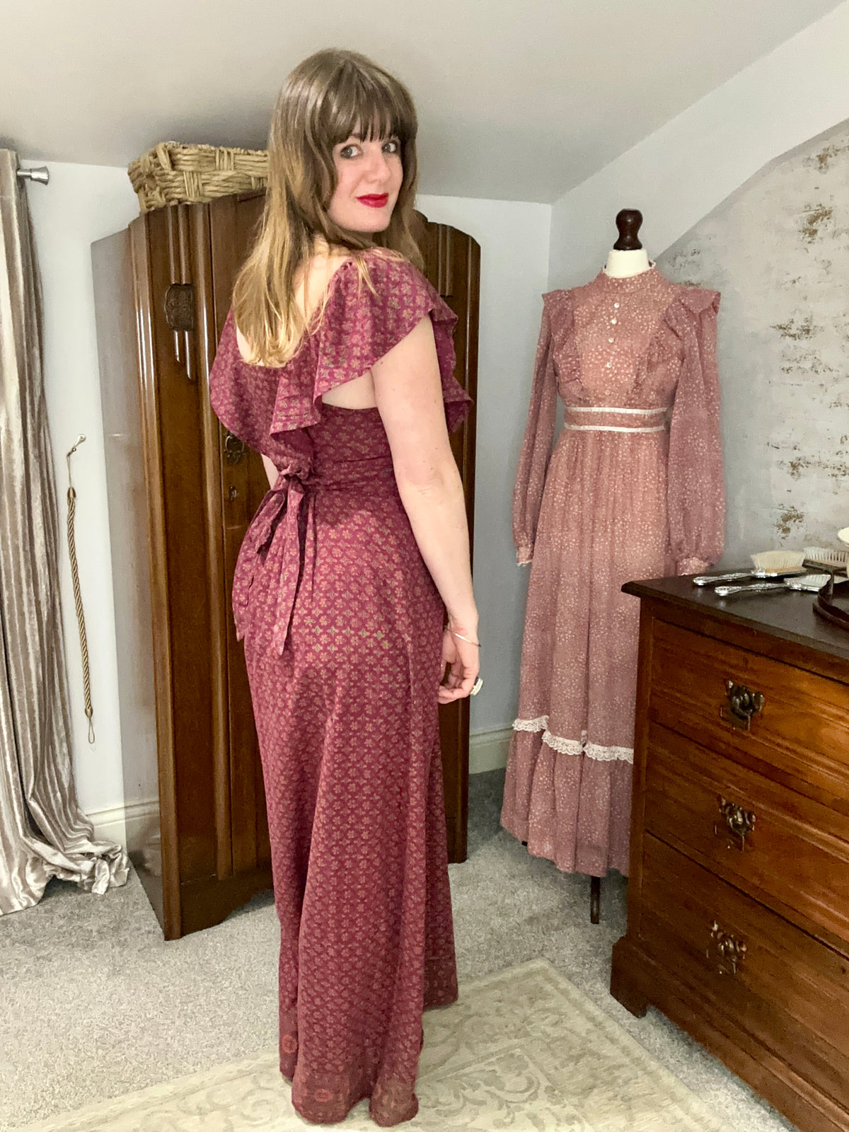 Vintage Indian Block Print Cotton Burgundy Floral Maxi Dress