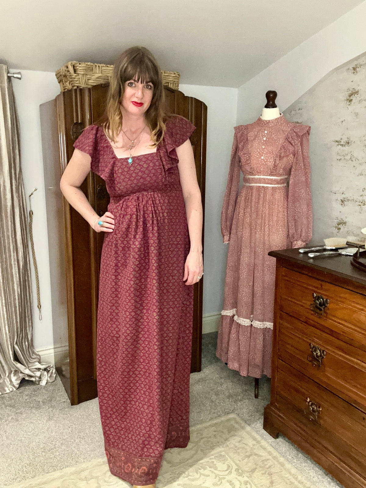 Vintage Indian Block Print Cotton Burgundy Floral Maxi Dress — product photograph