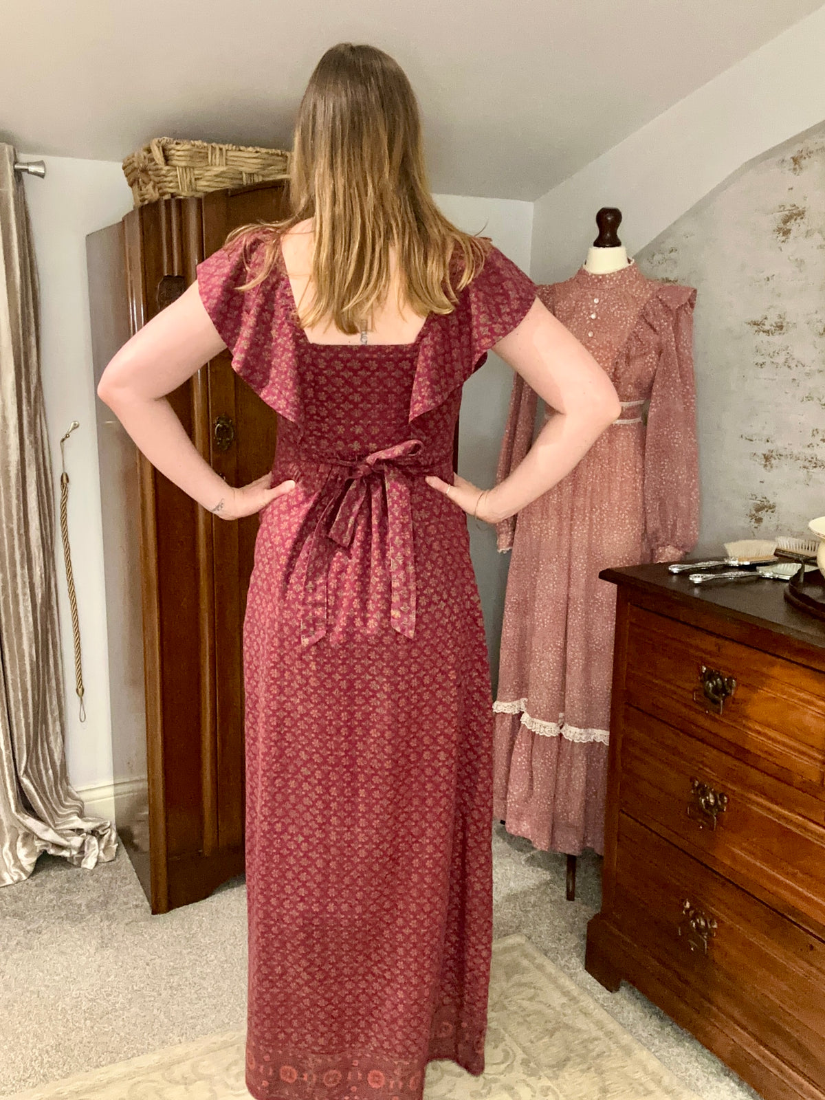 Vintage Indian Block Print Cotton Burgundy Floral Maxi Dress