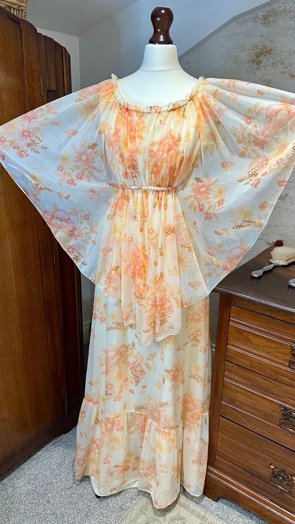 1970s Peach Floral Maxi Dress with Cape Sleeves — product photograph
