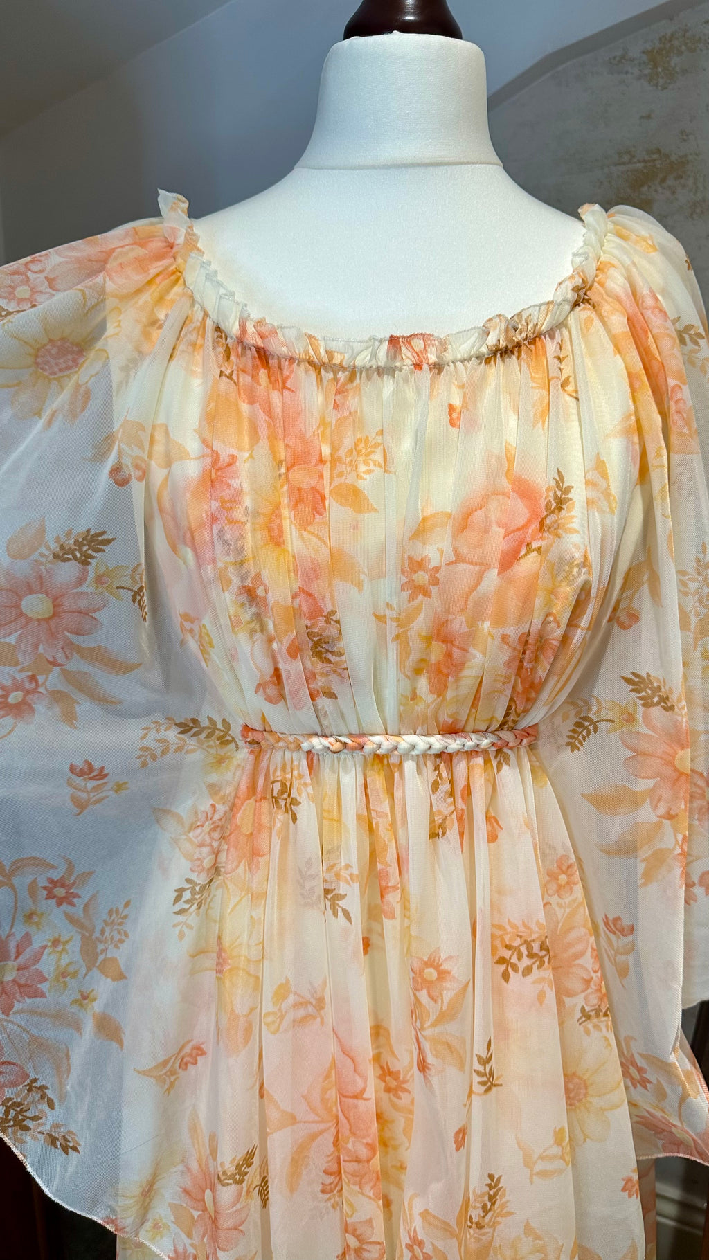 1970s Peach Floral Maxi Dress with Cape Sleeves