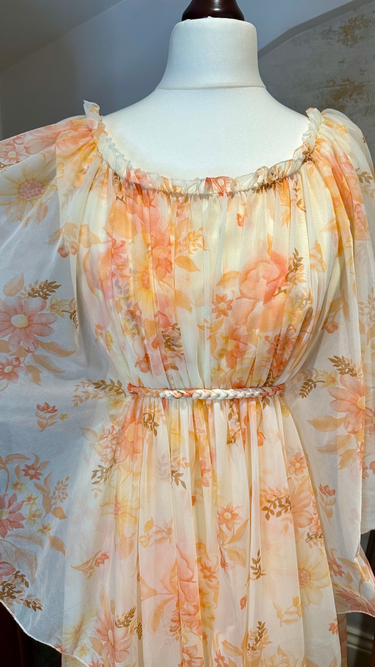 1970s Peach Floral Maxi Dress with Cape Sleeves