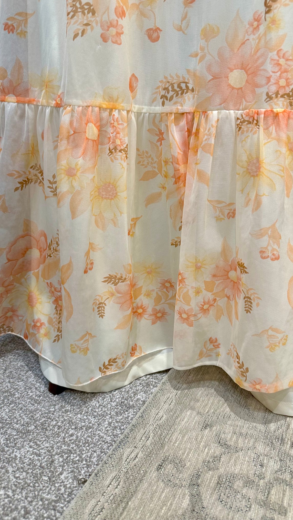 1970s Peach Floral Maxi Dress with Cape Sleeves