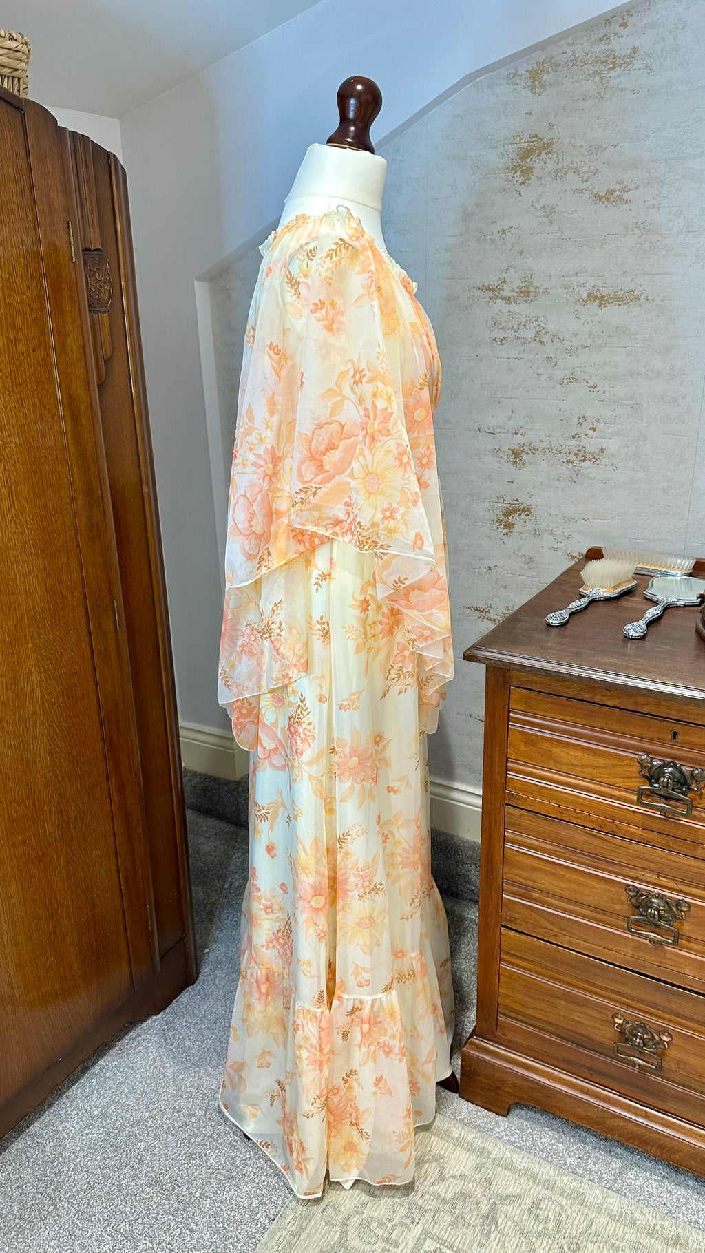 1970s Peach Floral Maxi Dress with Cape Sleeves