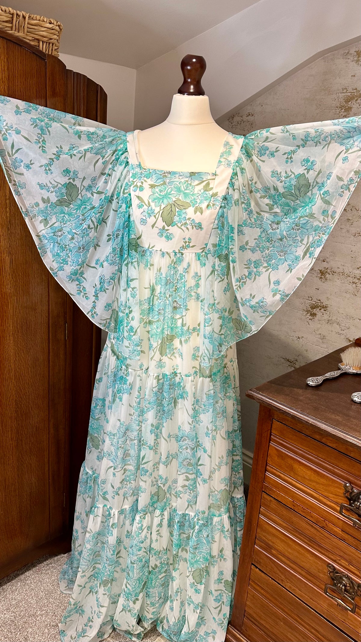 1970s Turquoise Floral Maxi Dress with Angel Sleeves — product photograph