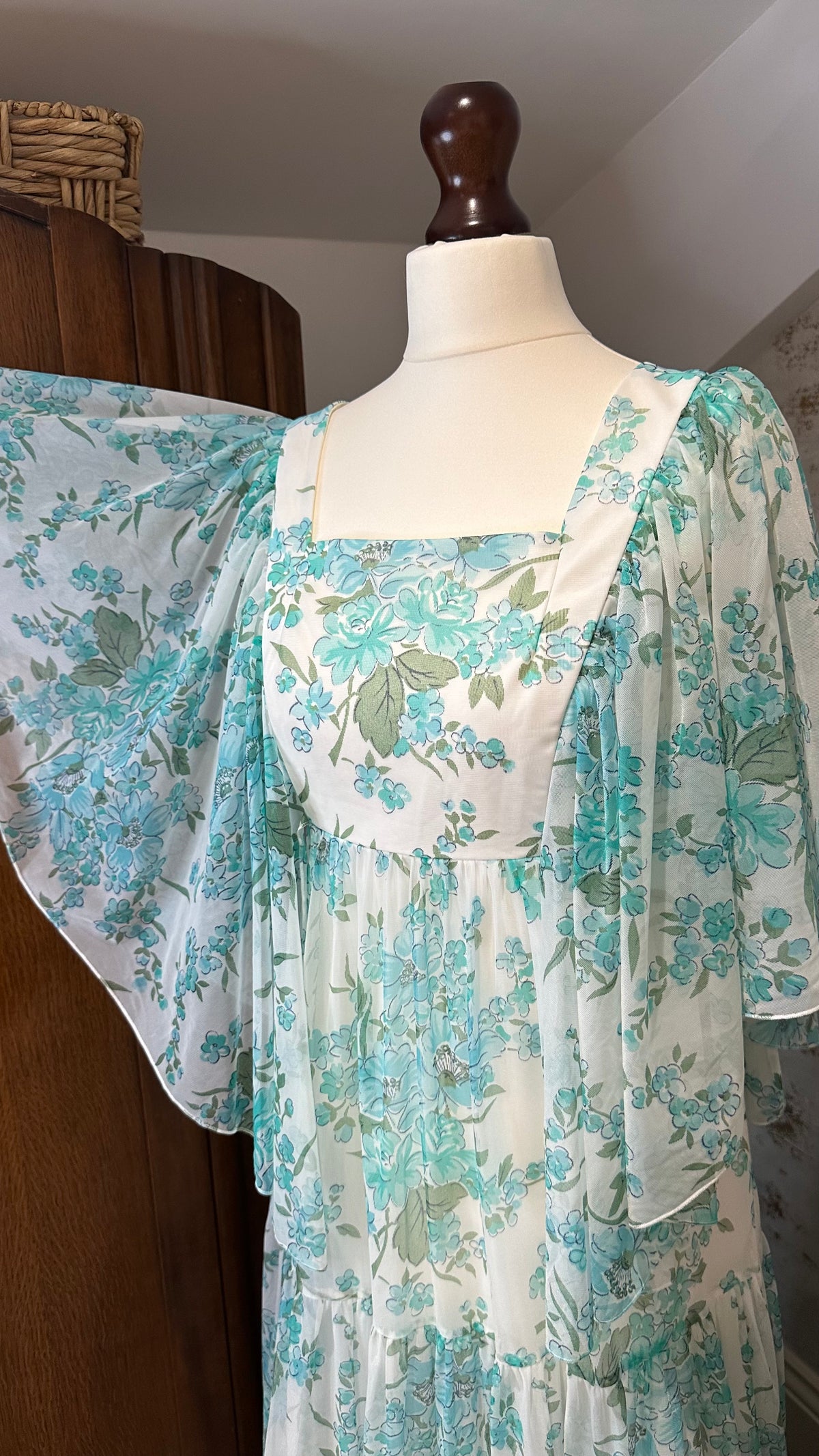 1970s Turquoise Floral Maxi Dress with Angel Sleeves