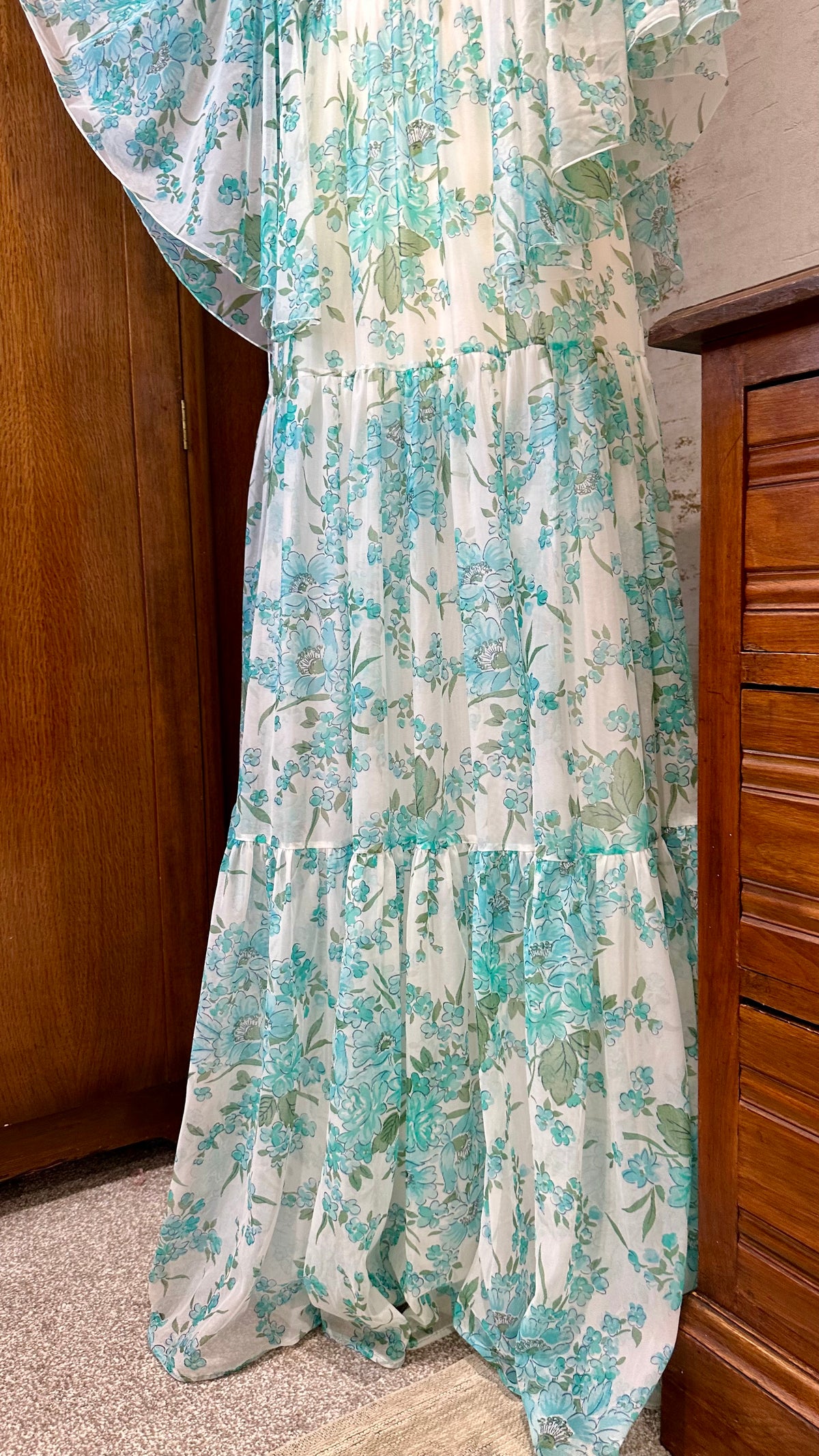 1970s Turquoise Floral Maxi Dress with Angel Sleeves