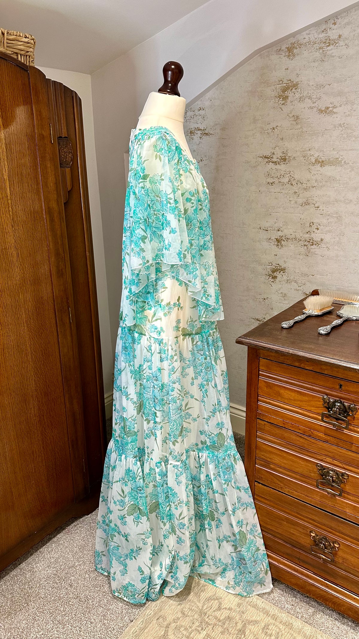 1970s Turquoise Floral Maxi Dress with Angel Sleeves