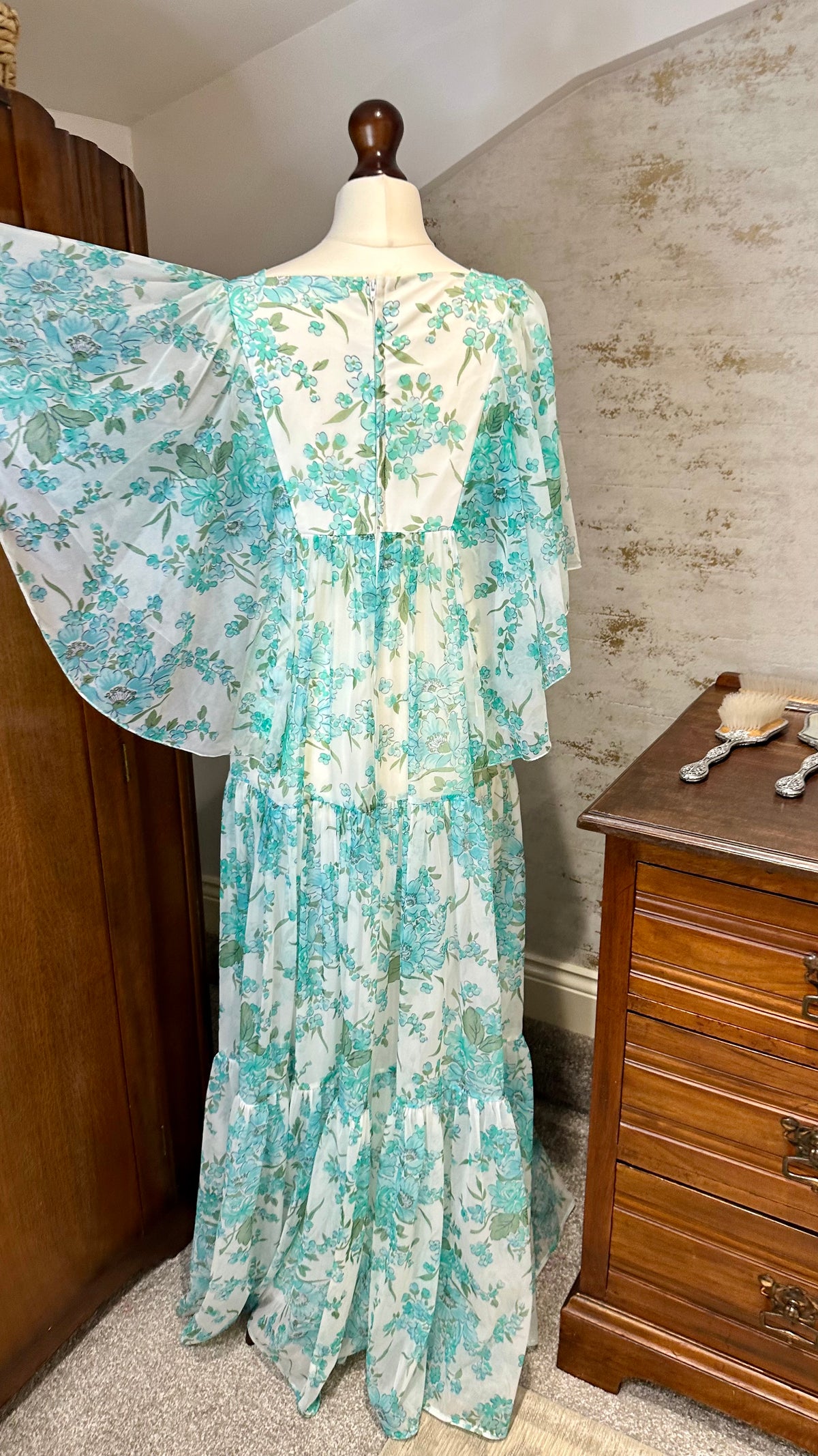 1970s Turquoise Floral Maxi Dress with Angel Sleeves