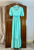 1970s Turquoise Maxi Dress with Puff Sleeves — product photograph