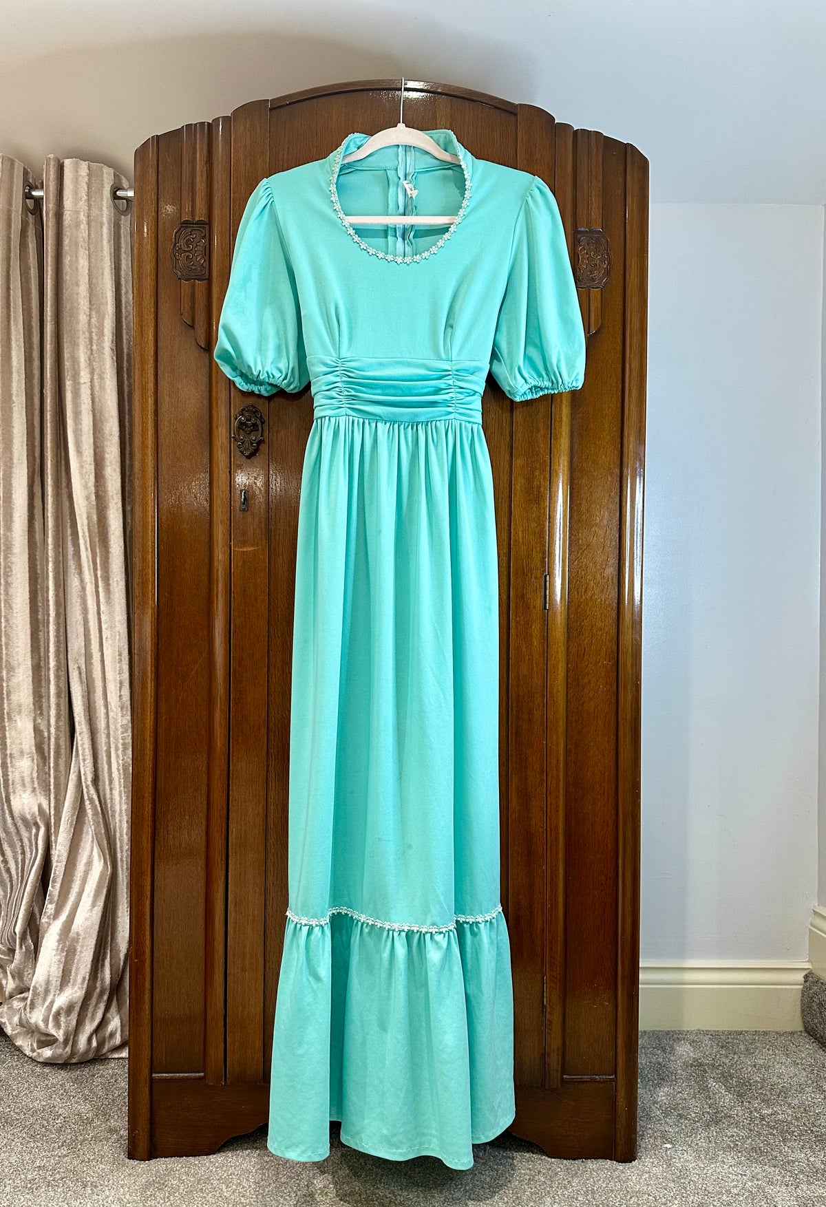 1970s Turquoise Maxi Dress with Puff Sleeves — product photograph