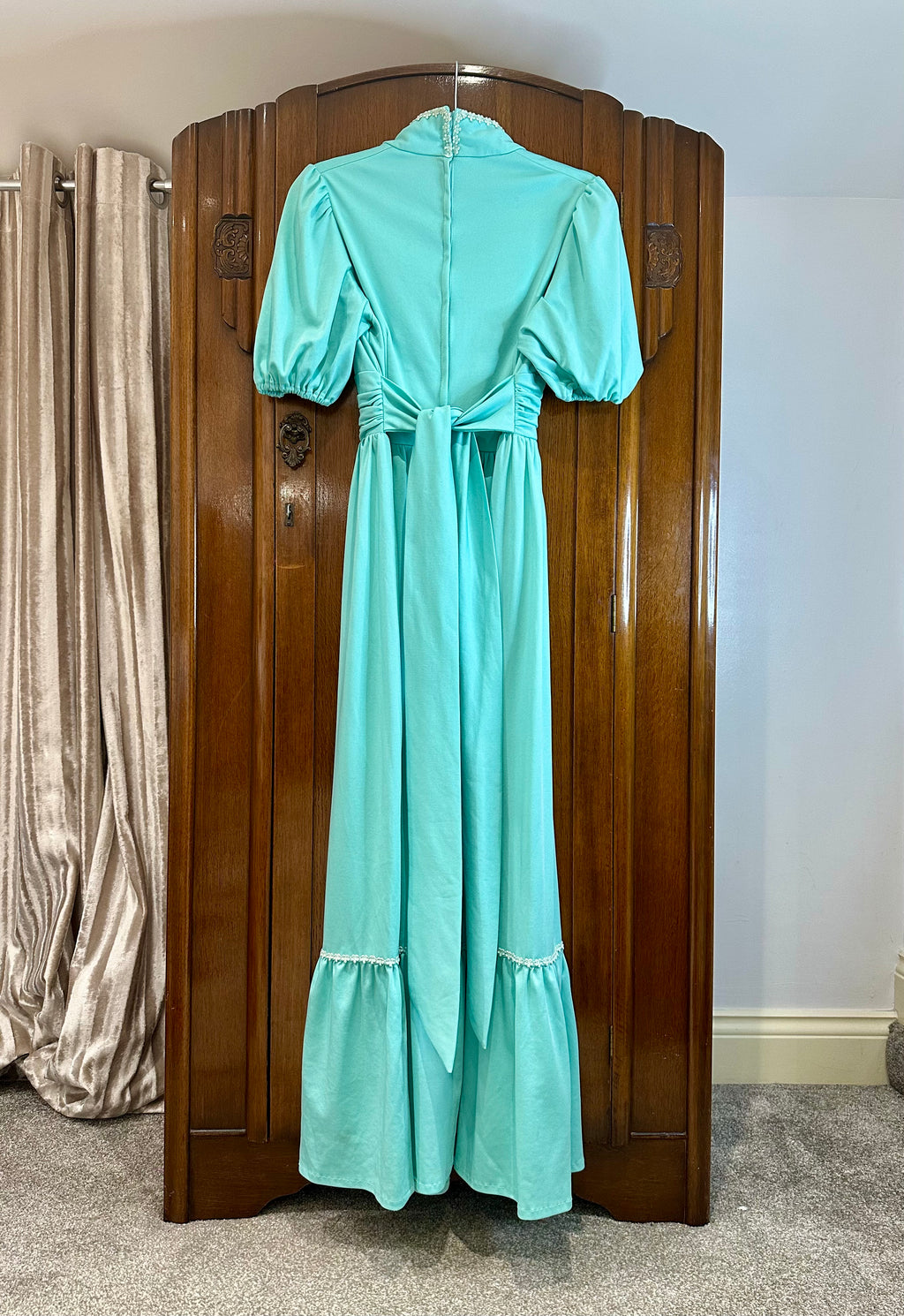 1970s Turquoise Maxi Dress with Puff Sleeves