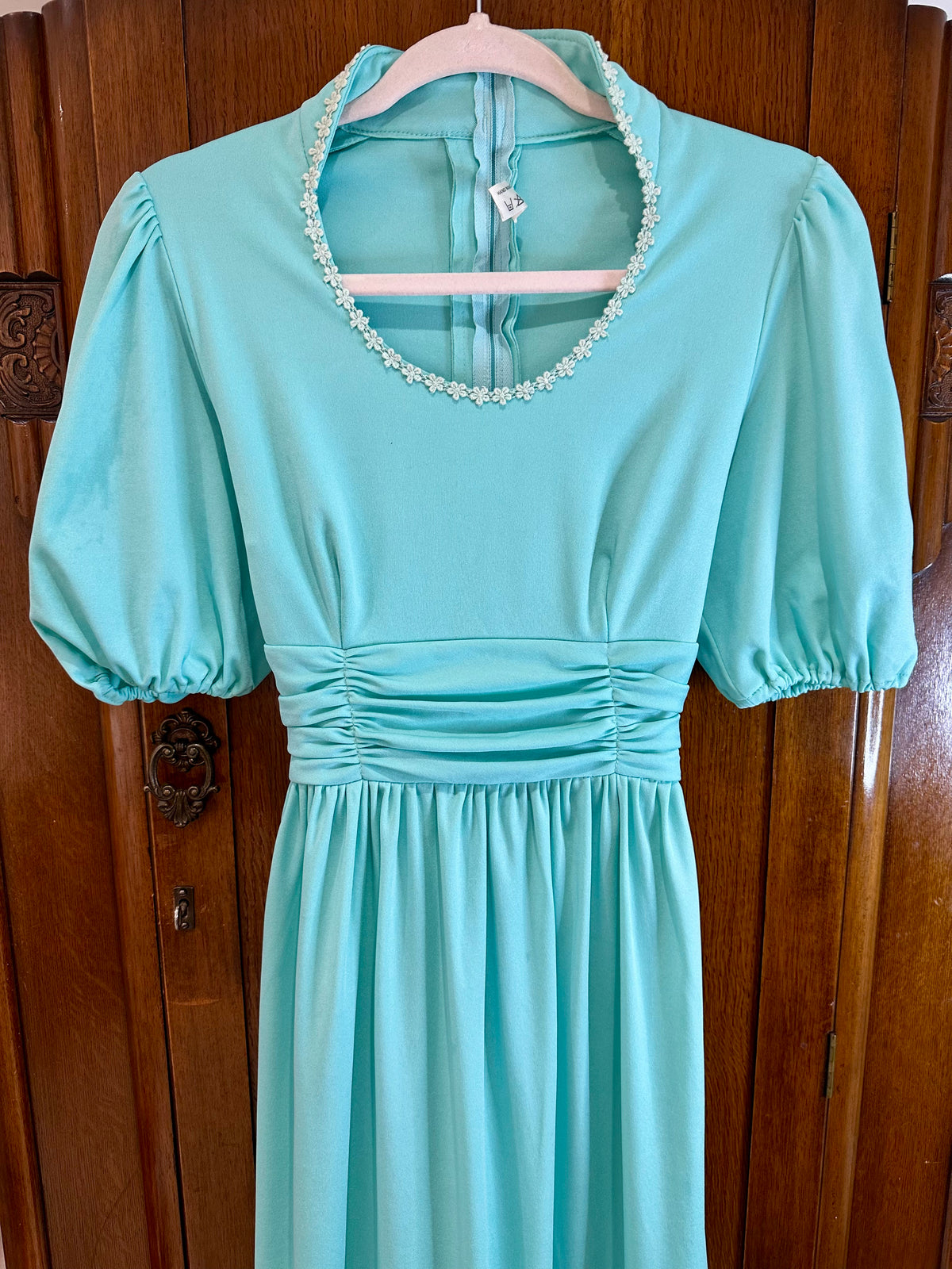 1970s Turquoise Maxi Dress with Puff Sleeves