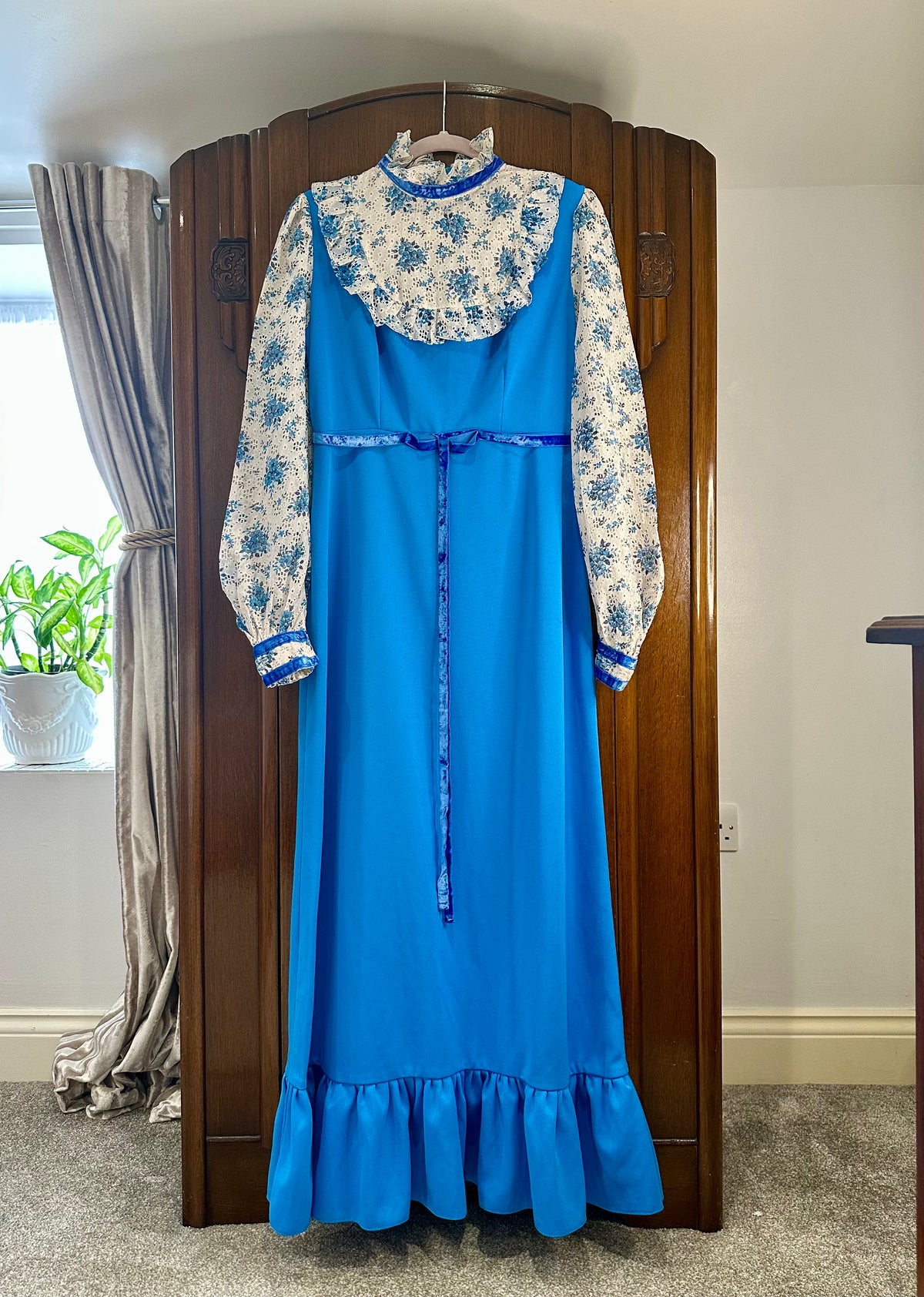 Vintage 1970s Blue and White Prairie Maxi Dress — product photograph
