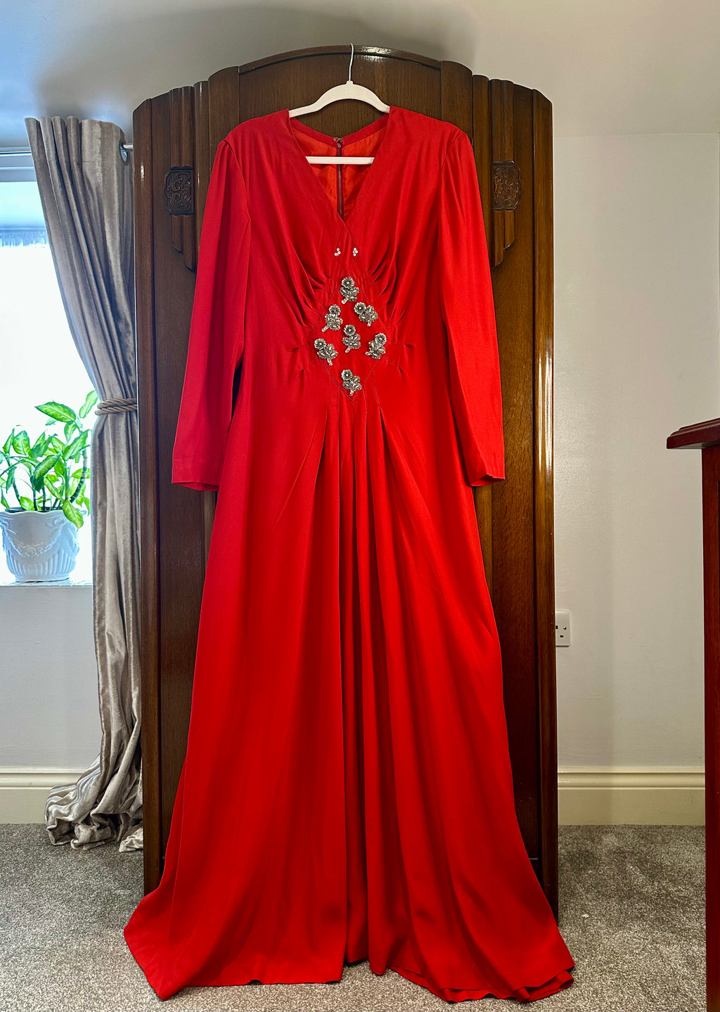 1970s Red Beaded Floral Maxi Dress