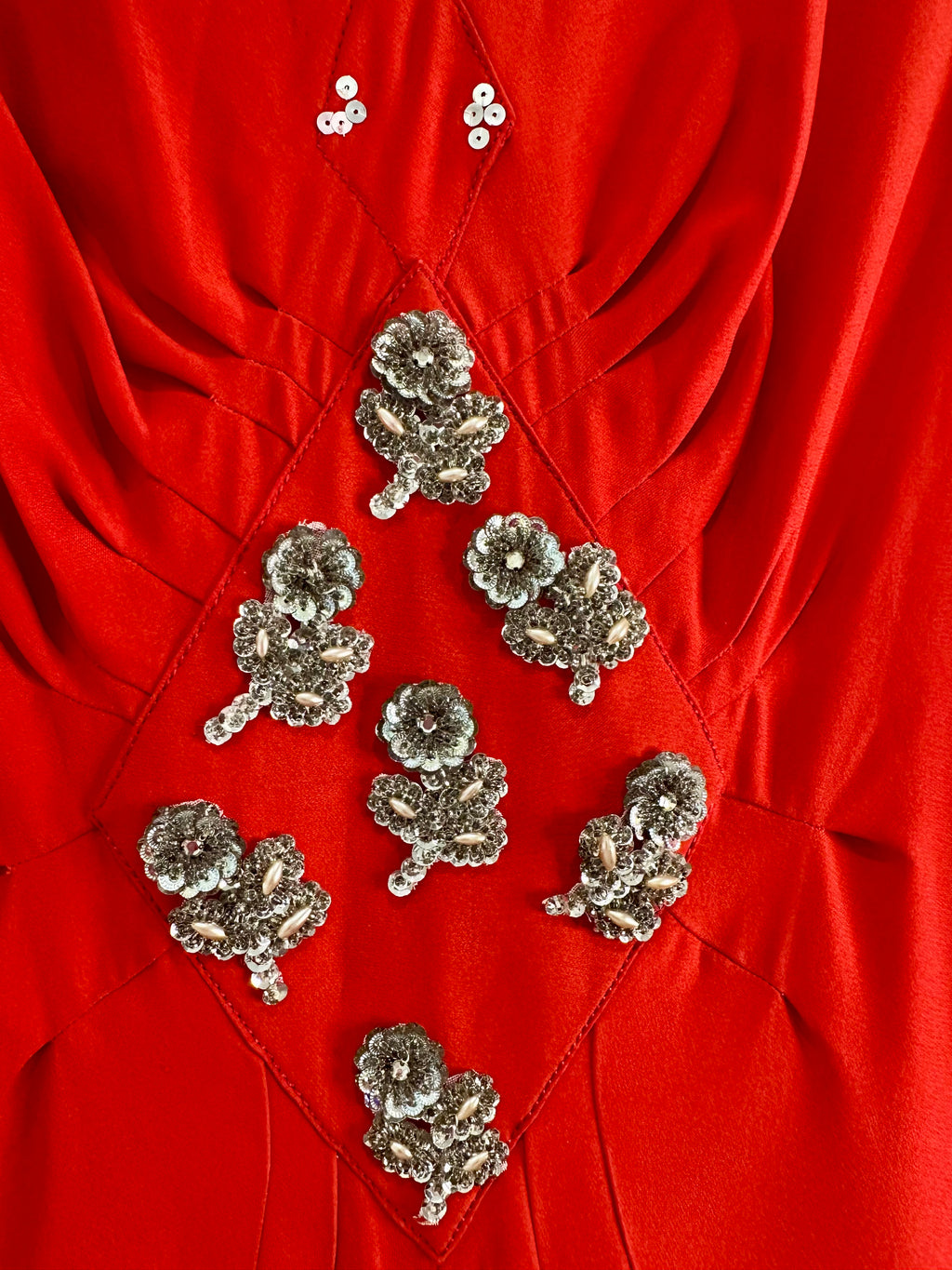 1970s Red Beaded Floral Maxi Dress