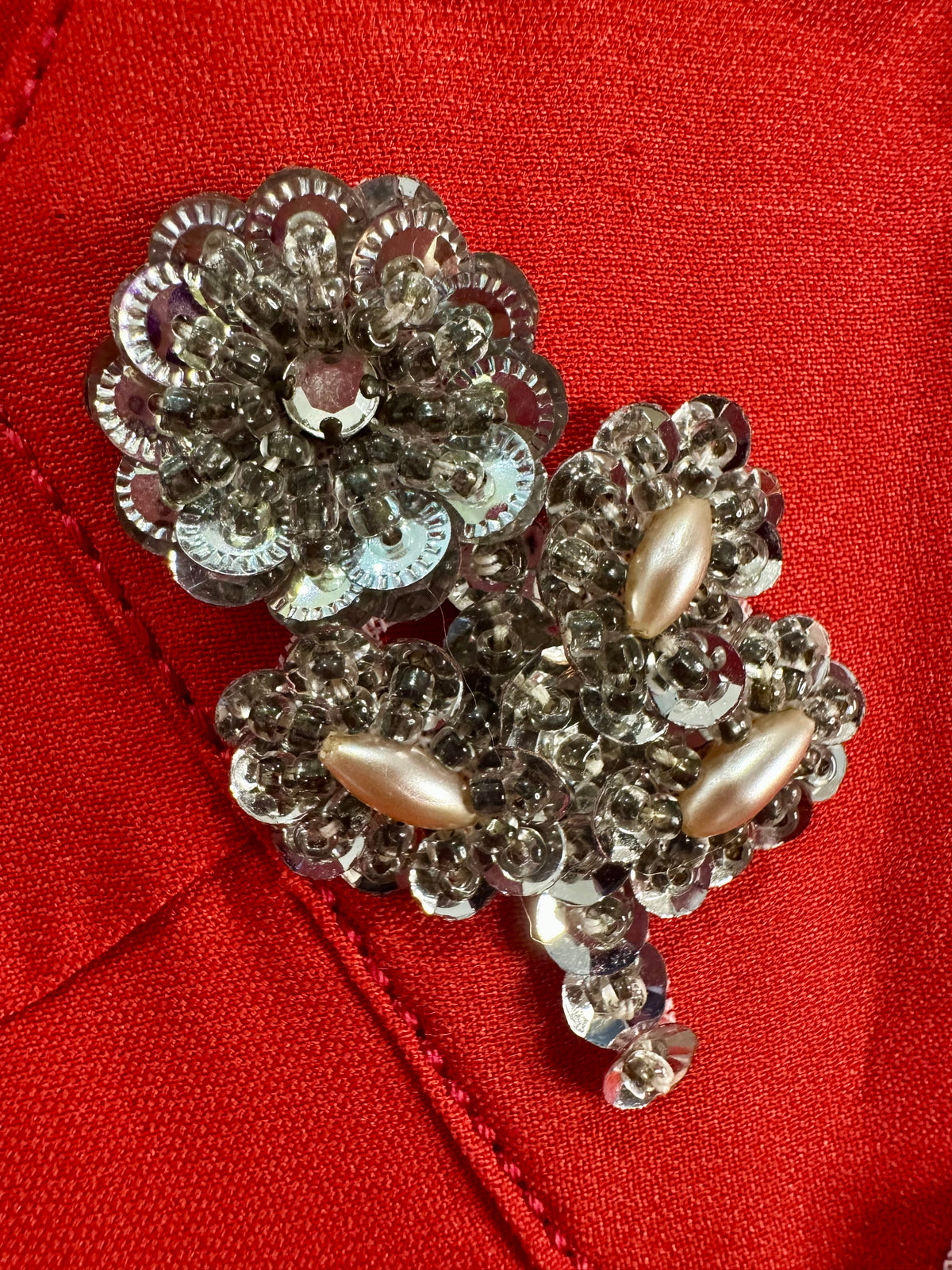 1970s Red Beaded Floral Maxi Dress