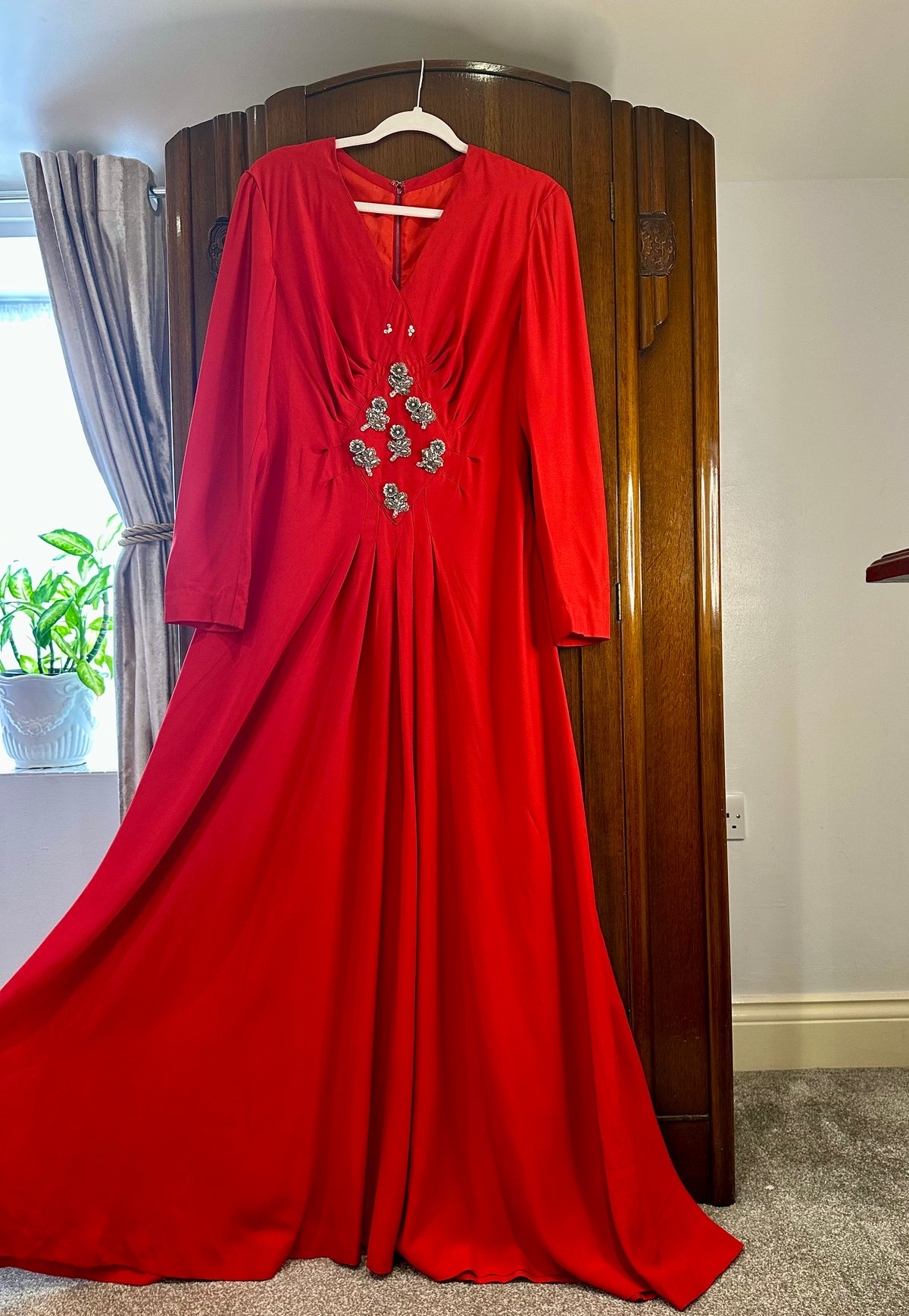 1970s Red Beaded Floral Maxi Dress — product photograph
