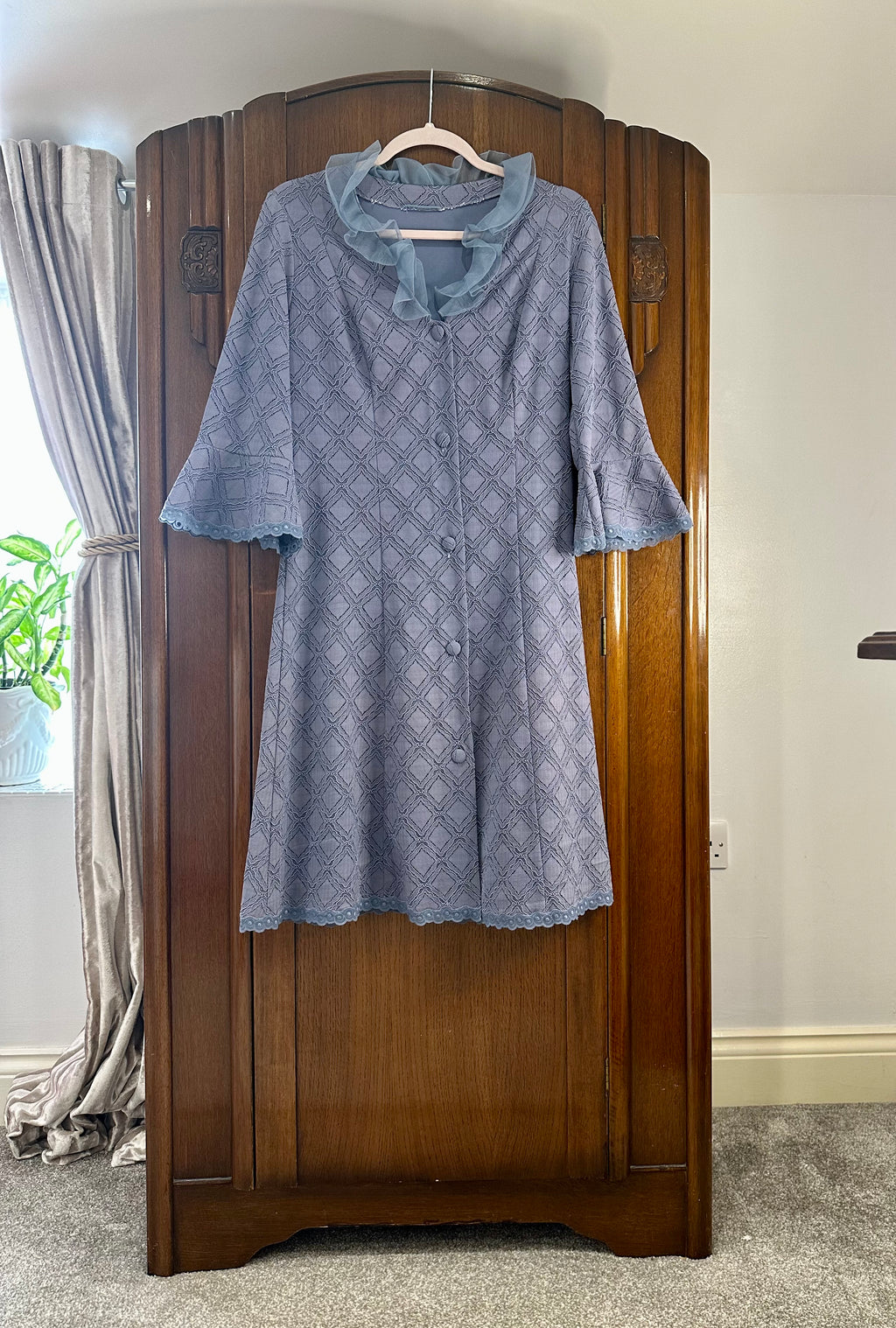 Late 1960s Blue Grey Lace Ruffle Neck Midi Dress — product photograph