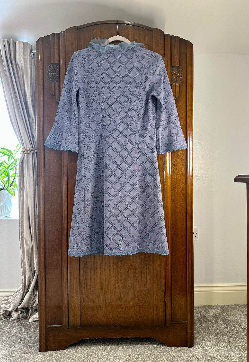 Late 1960s Blue Grey Lace Ruffle Neck Midi Dress