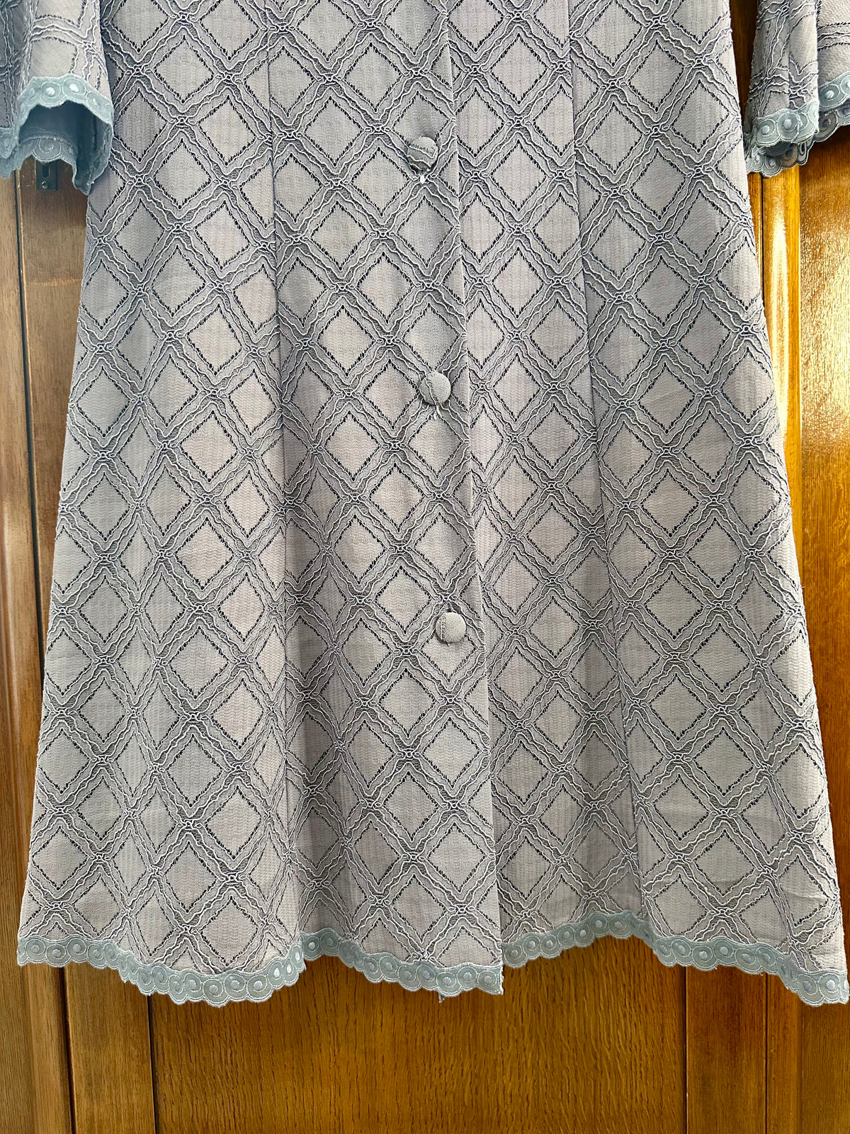 Late 1960s Blue Grey Lace Ruffle Neck Midi Dress
