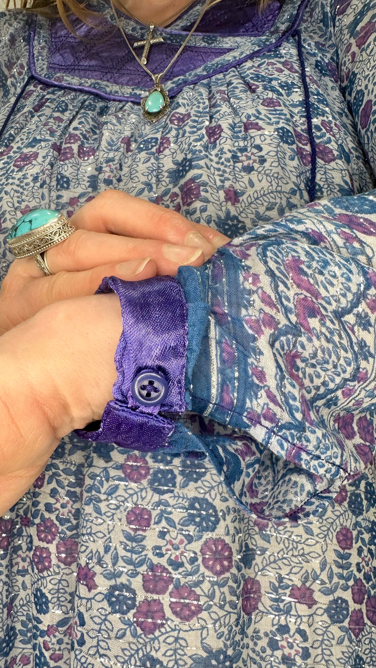 Vintage 1970s Blue Purple Indian Cotton Block Print Midi Dress with Lurex Thread