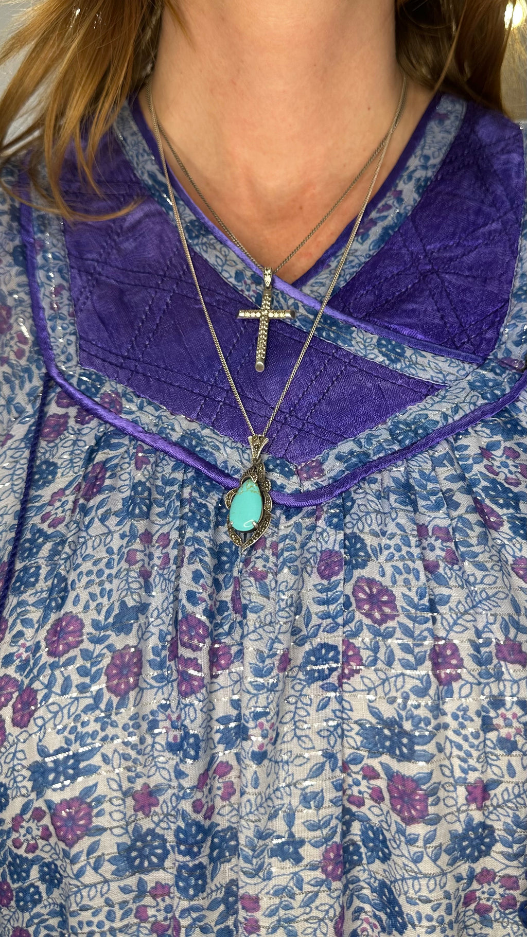 Vintage 1970s Blue Purple Indian Cotton Block Print Midi Dress with Lurex Thread