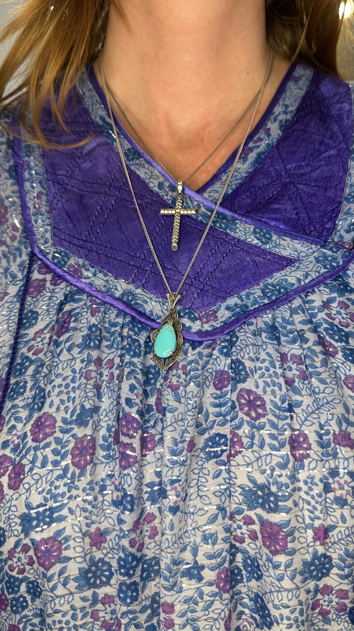 Vintage 1970s Blue Purple Indian Cotton Block Print Midi Dress with Lurex Thread