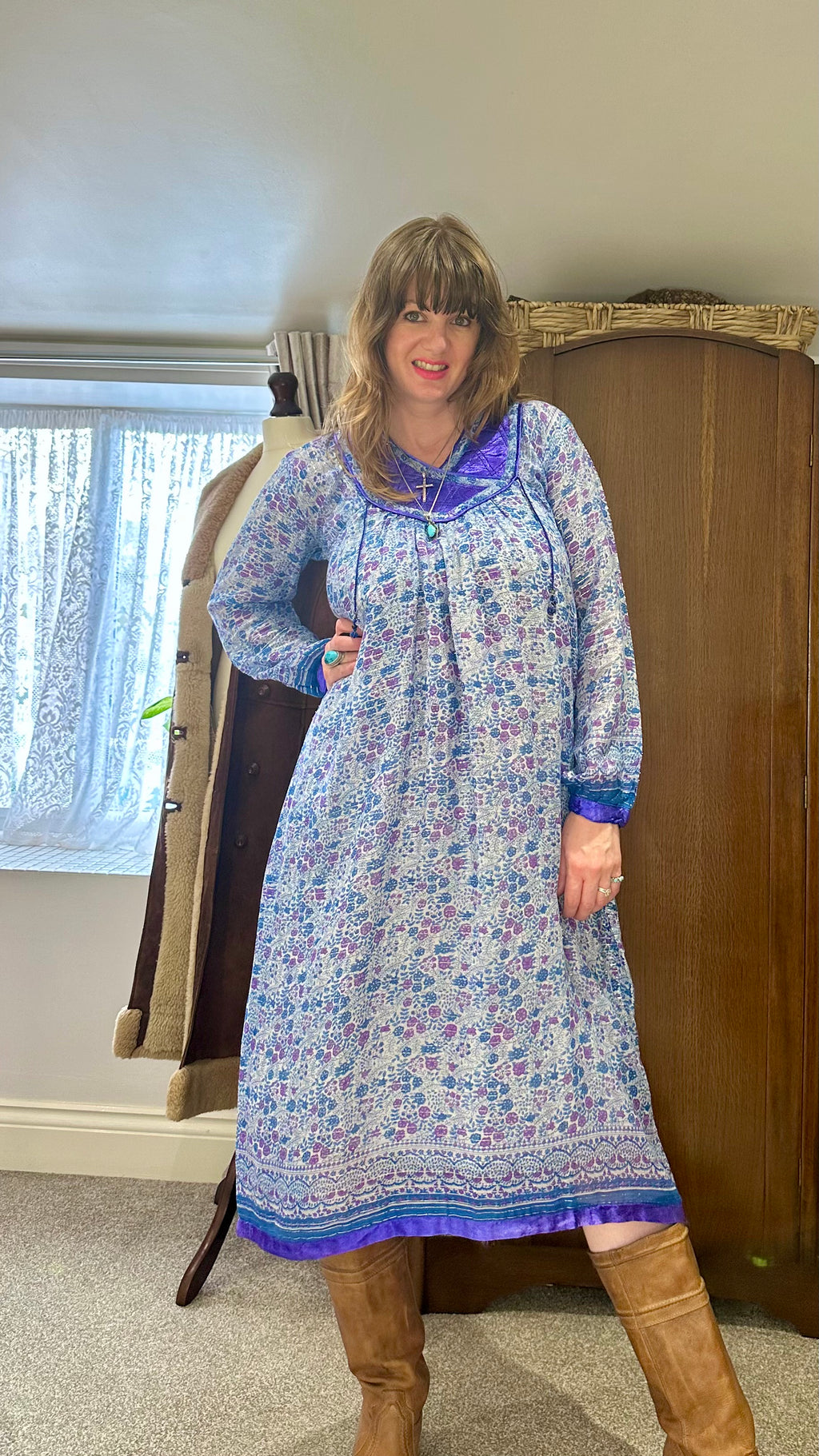 Vintage 1970s Blue Purple Indian Cotton Block Print Midi Dress with Lurex Thread — product photograph