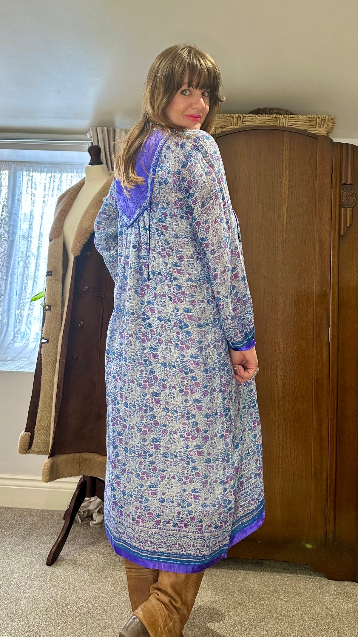 Vintage 1970s Blue Purple Indian Cotton Block Print Midi Dress with Lurex Thread
