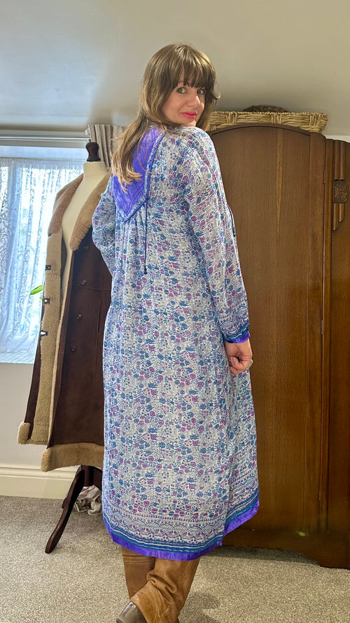 Vintage 1970s Blue Purple Indian Cotton Block Print Midi Dress with Lurex Thread