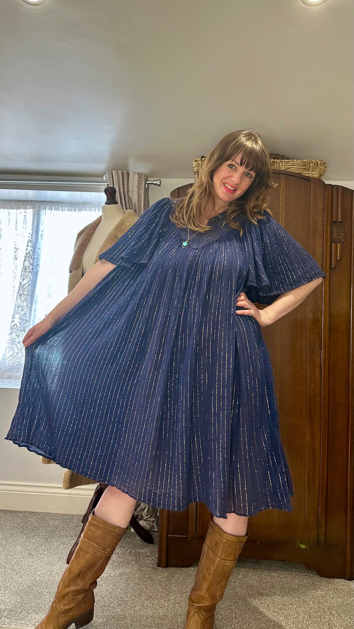 1970s Navy Lurex Cheesecloth Butterfly Sleeve Midi Dress — product photograph
