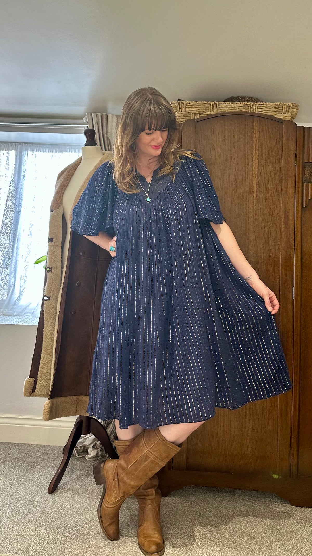 1970s Navy Lurex Cheesecloth Butterfly Sleeve Midi Dress