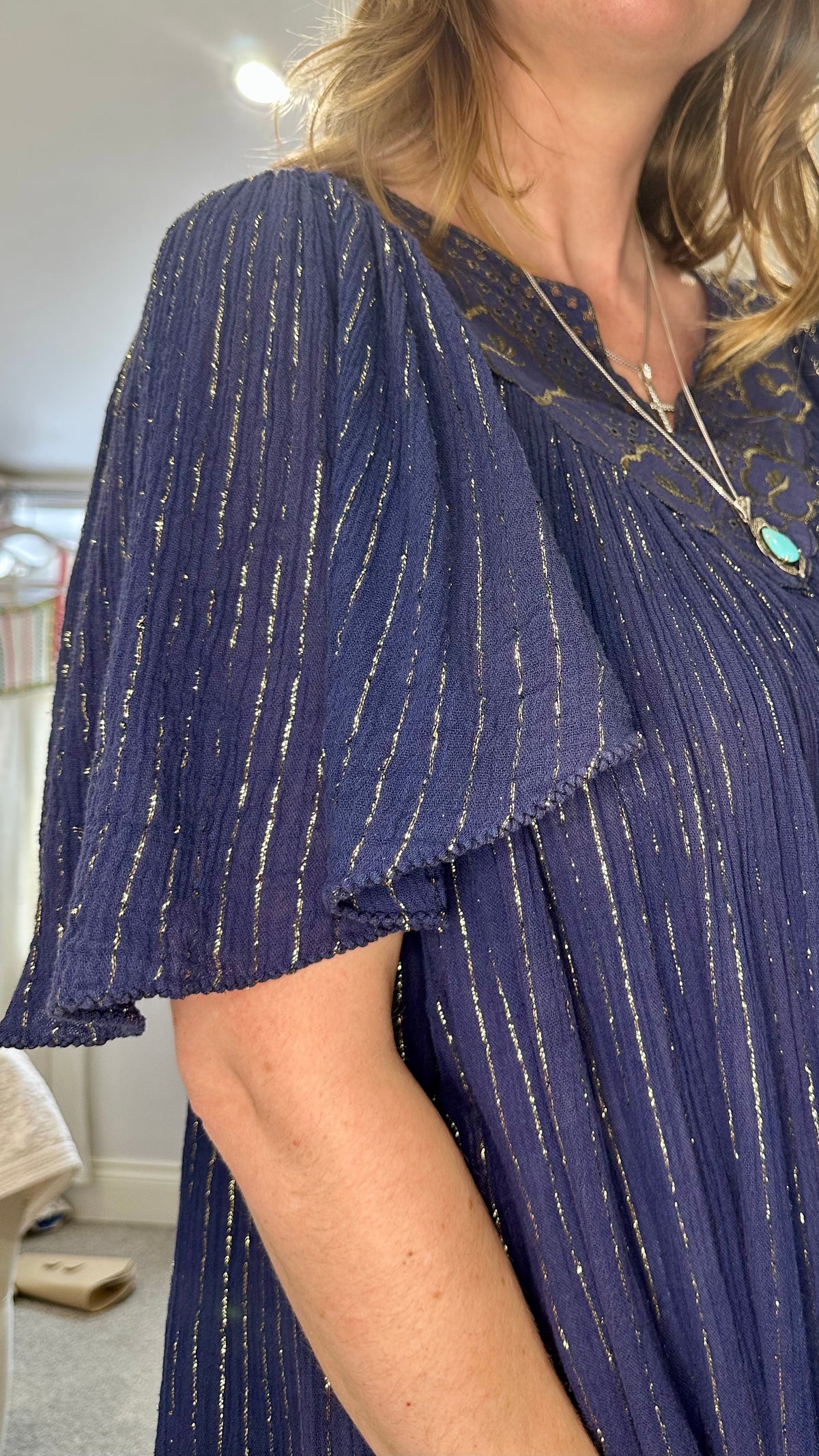 1970s Navy Lurex Cheesecloth Butterfly Sleeve Midi Dress