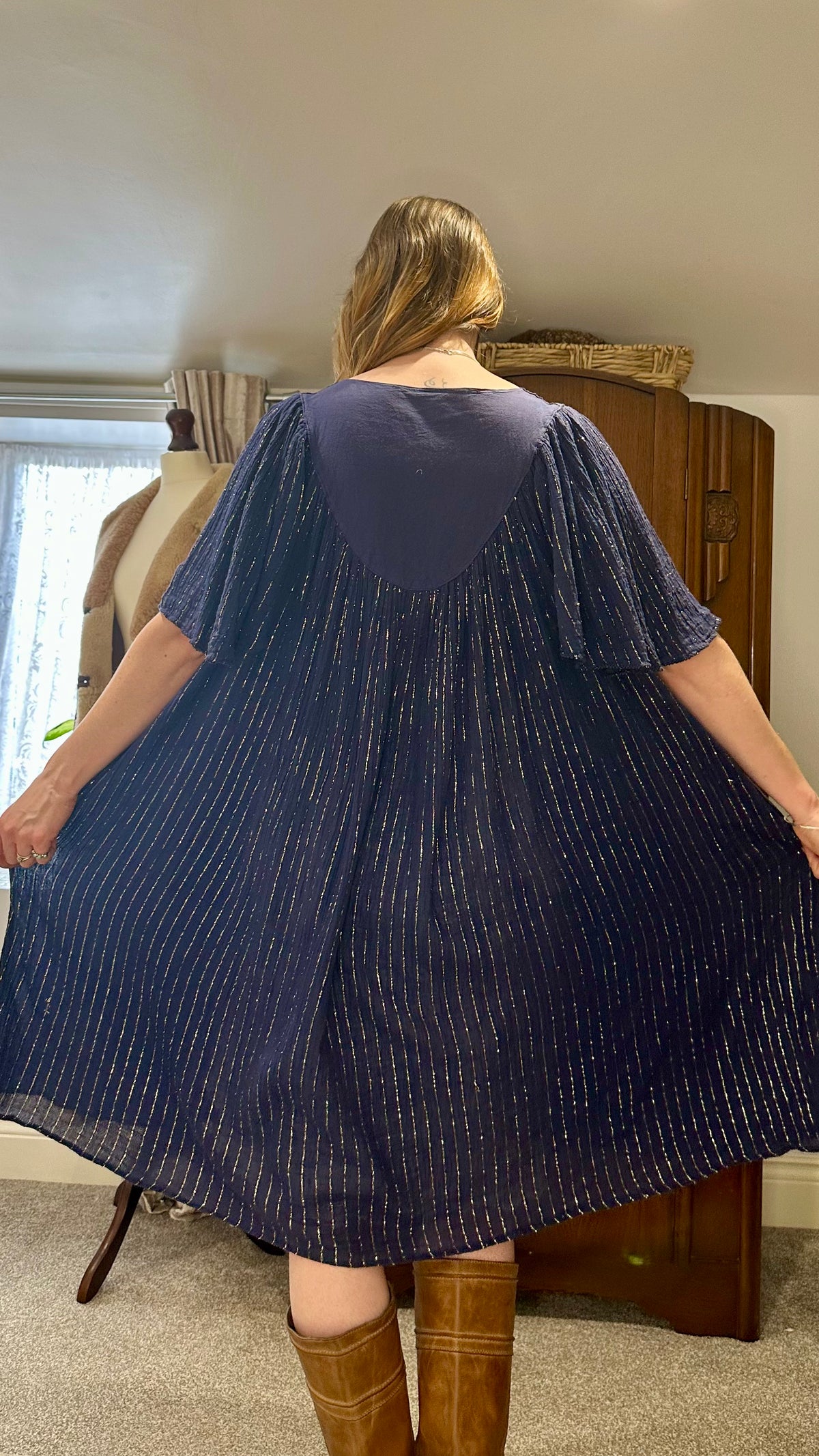 1970s Navy Lurex Cheesecloth Butterfly Sleeve Midi Dress