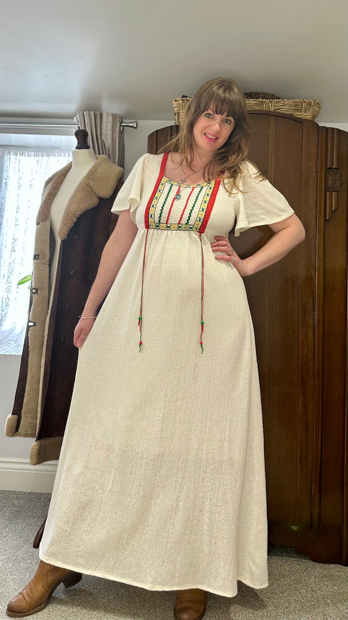 1970s Cream Cheesecloth Maxi Dress with Embroidered Yoke — product photograph