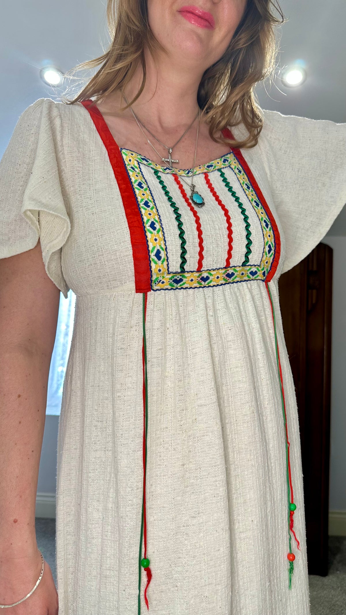 1970s Cream Cheesecloth Maxi Dress with Embroidered Yoke