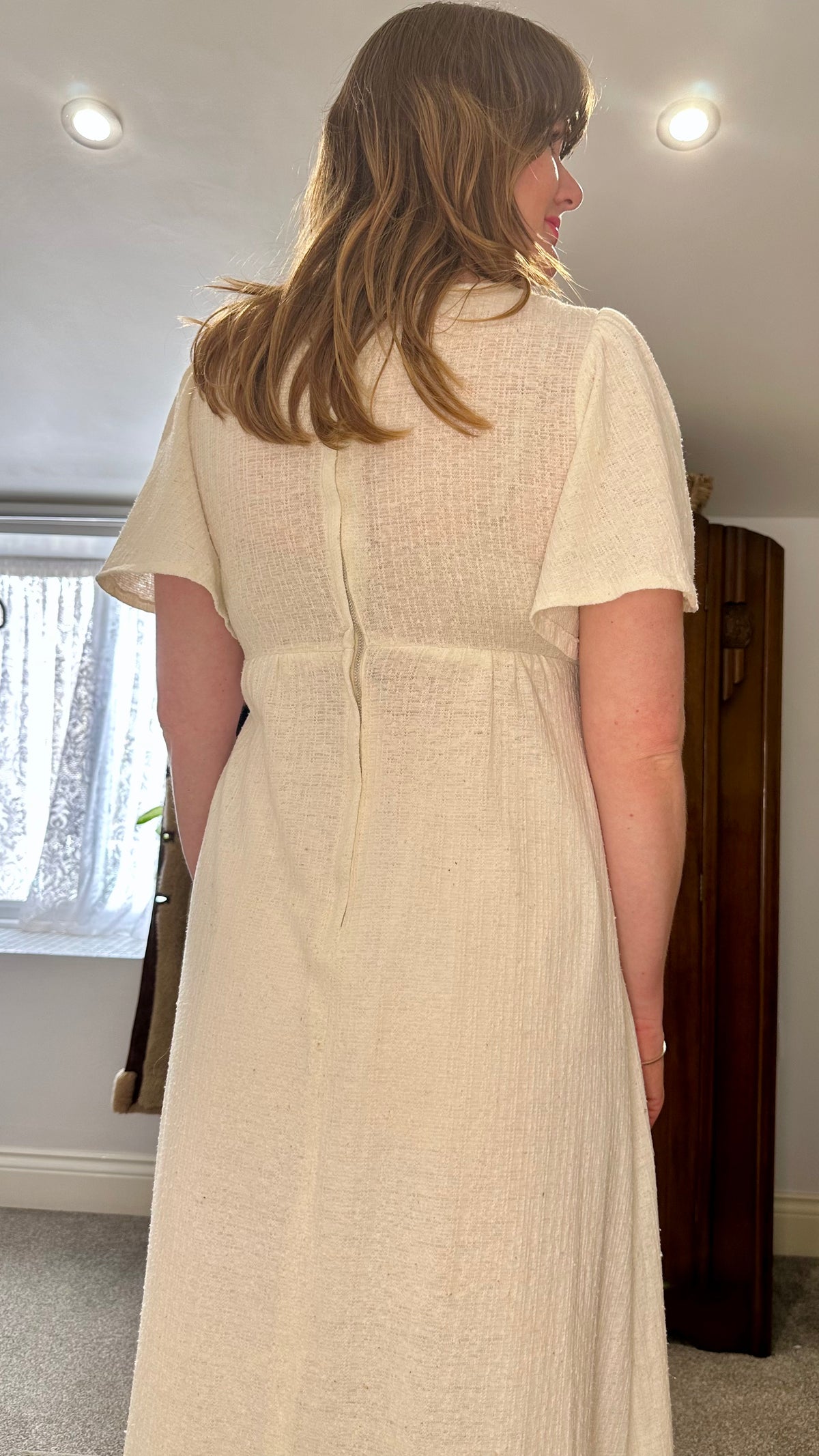 1970s Cream Cheesecloth Maxi Dress with Embroidered Yoke