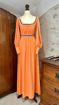 1970s Trolley Car Coral Maxi Dress with Pearl Buttons — product photograph