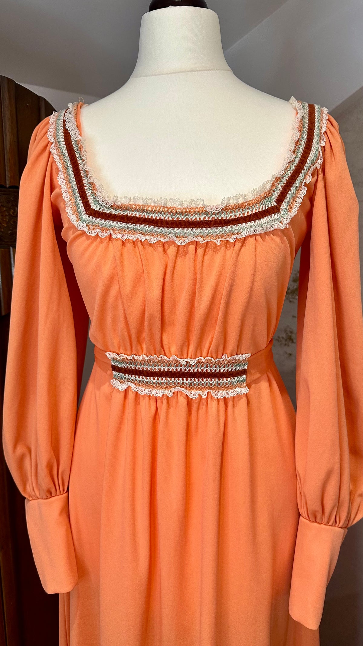 1970s Trolley Car Coral Maxi Dress with Pearl Buttons