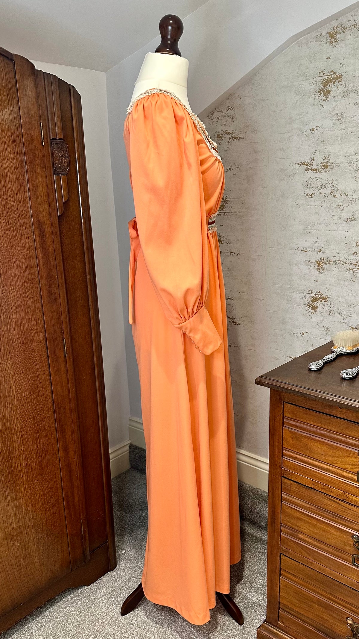 1970s Trolley Car Coral Maxi Dress with Pearl Buttons