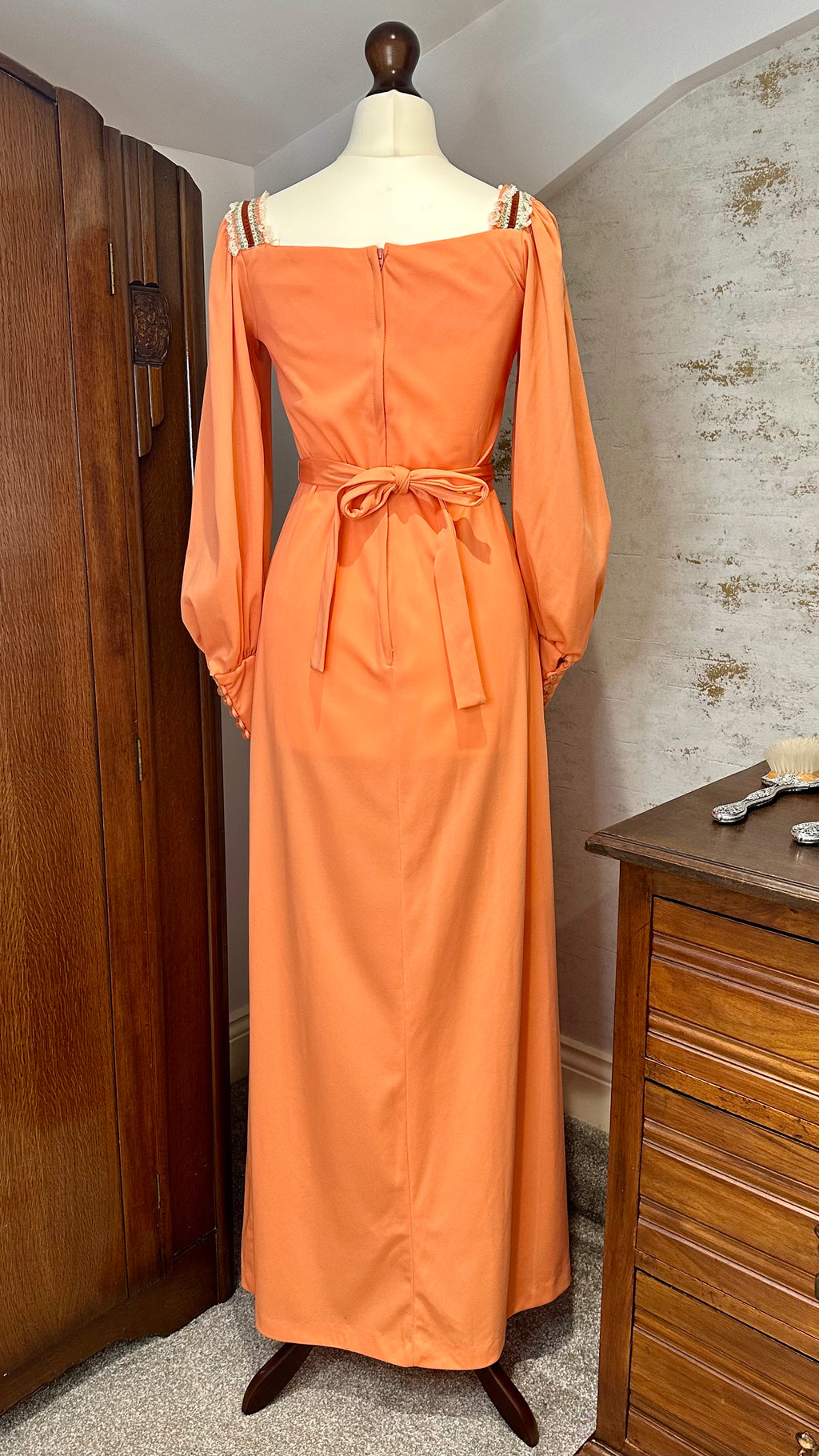 1970s Trolley Car Coral Maxi Dress with Pearl Buttons