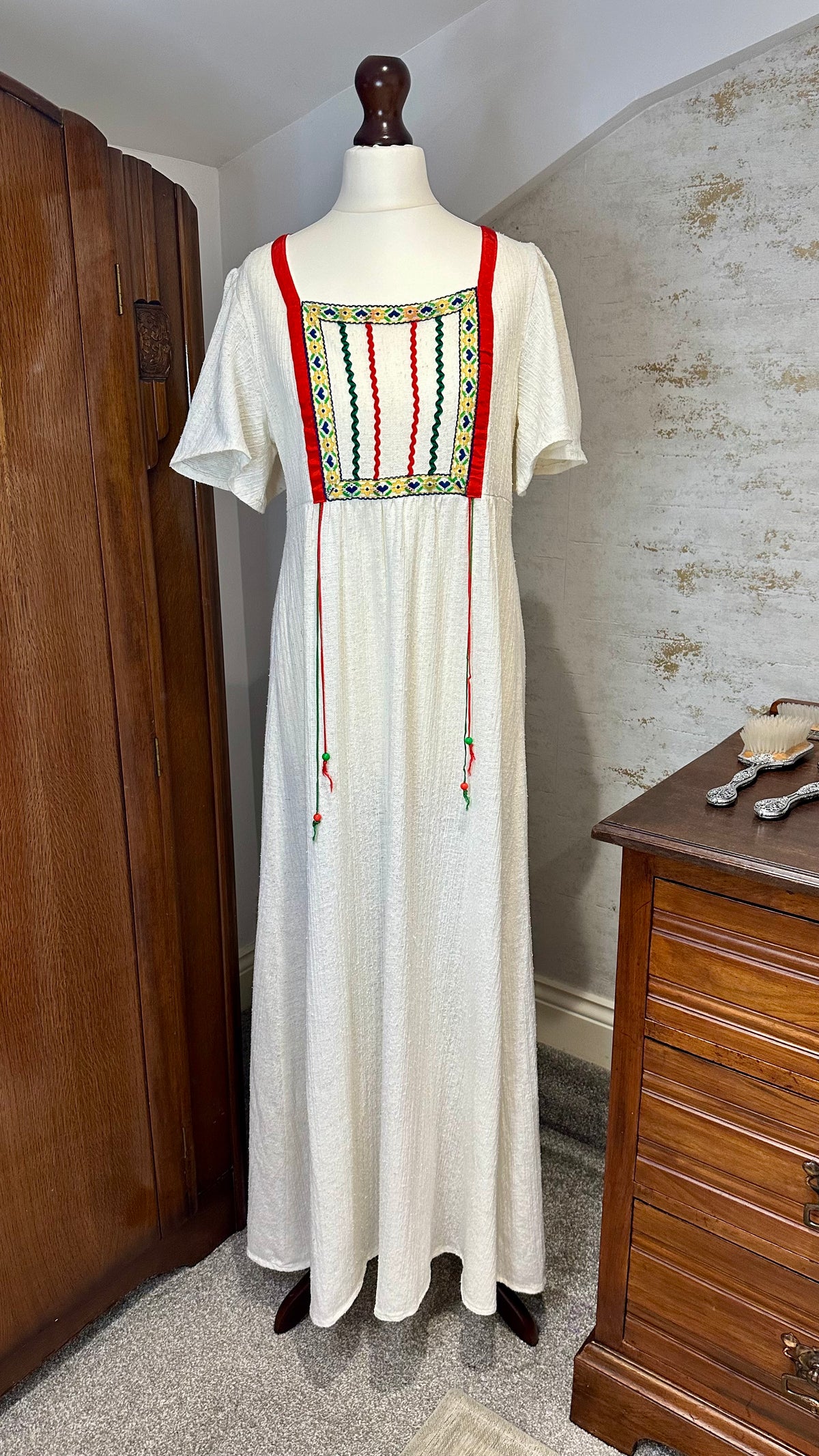 1970s Cream Cheesecloth Maxi Dress with Embroidered Yoke