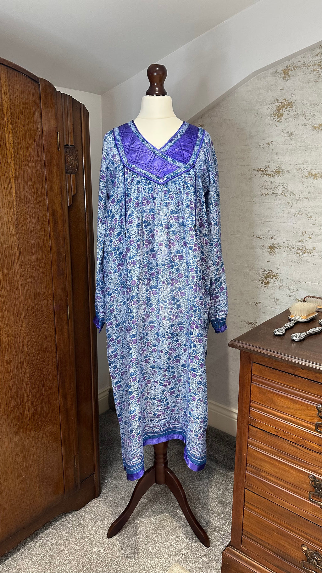 Vintage 1970s Blue Purple Indian Cotton Block Print Midi Dress with Lurex Thread