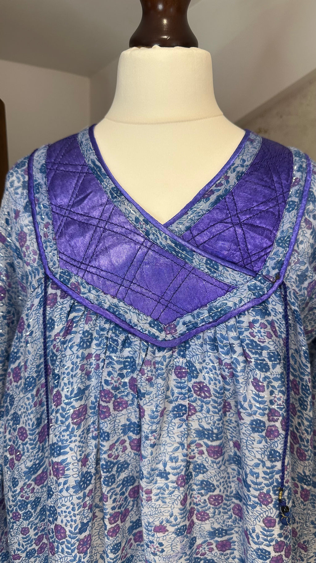 Vintage 1970s Blue Purple Indian Cotton Block Print Midi Dress with Lurex Thread