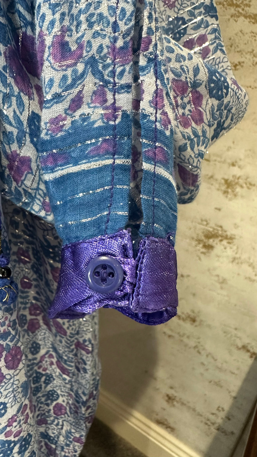 Vintage 1970s Blue Purple Indian Cotton Block Print Midi Dress with Lurex Thread