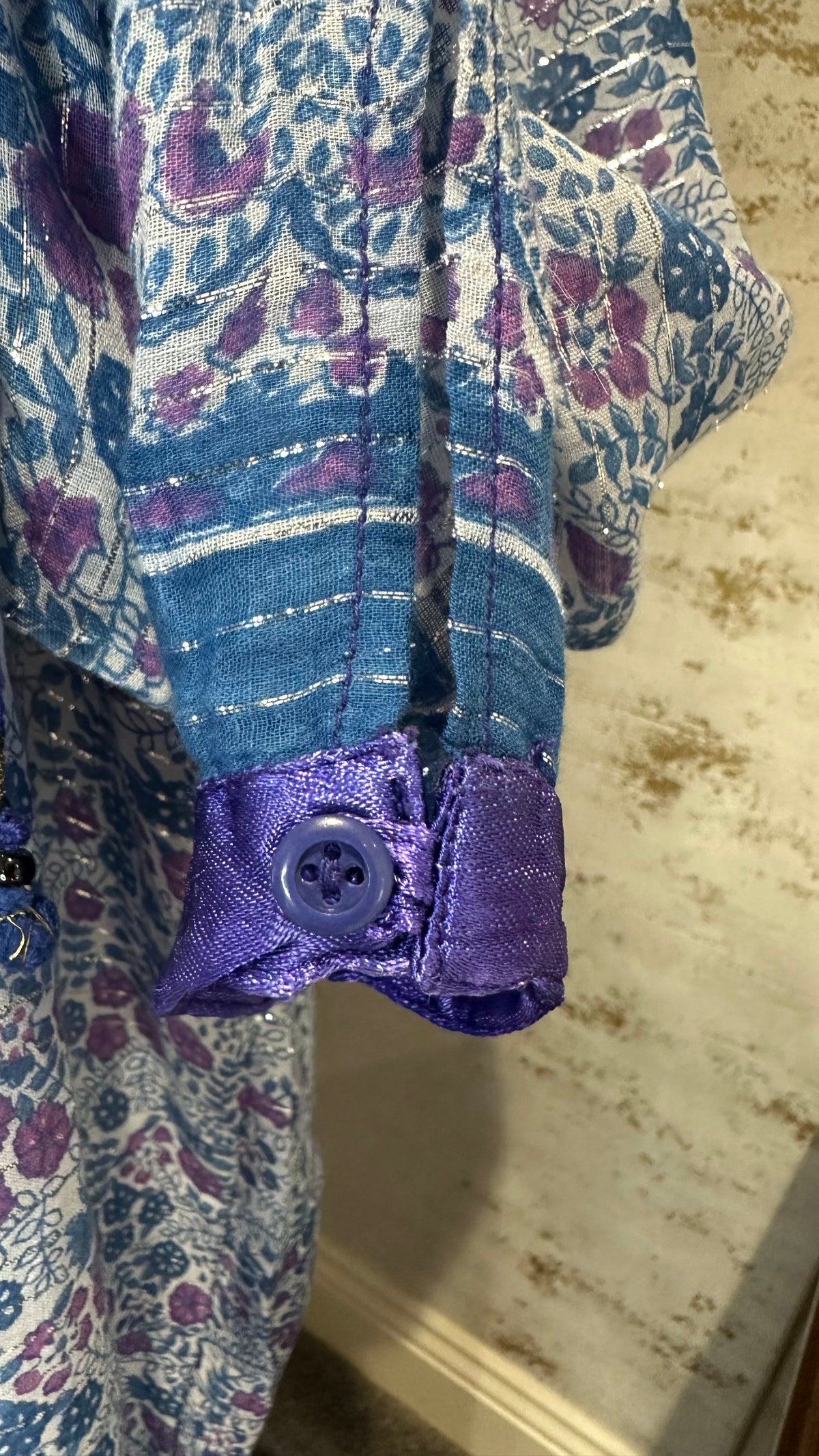 Vintage 1970s Blue Purple Indian Cotton Block Print Midi Dress with Lurex Thread