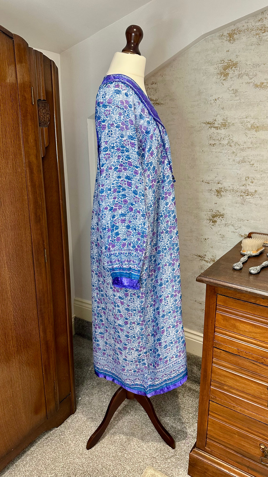 Vintage 1970s Blue Purple Indian Cotton Block Print Midi Dress with Lurex Thread